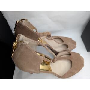 Michael Kors Women's Tan Suede Peep Toe Platform T-Strap Heels US 8.5M Gold